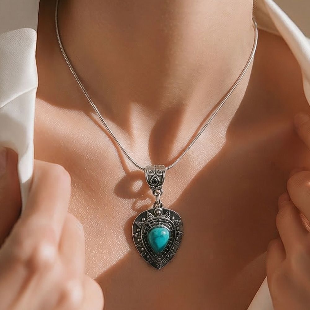 Turquoise Teardrop Pendant Necklace Antiqued Silver Western Boho Desert Jewelry